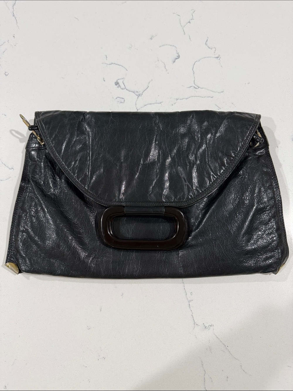 Vintage Pistore Italy Black Glazed Leather Foldover Clutch Handbag